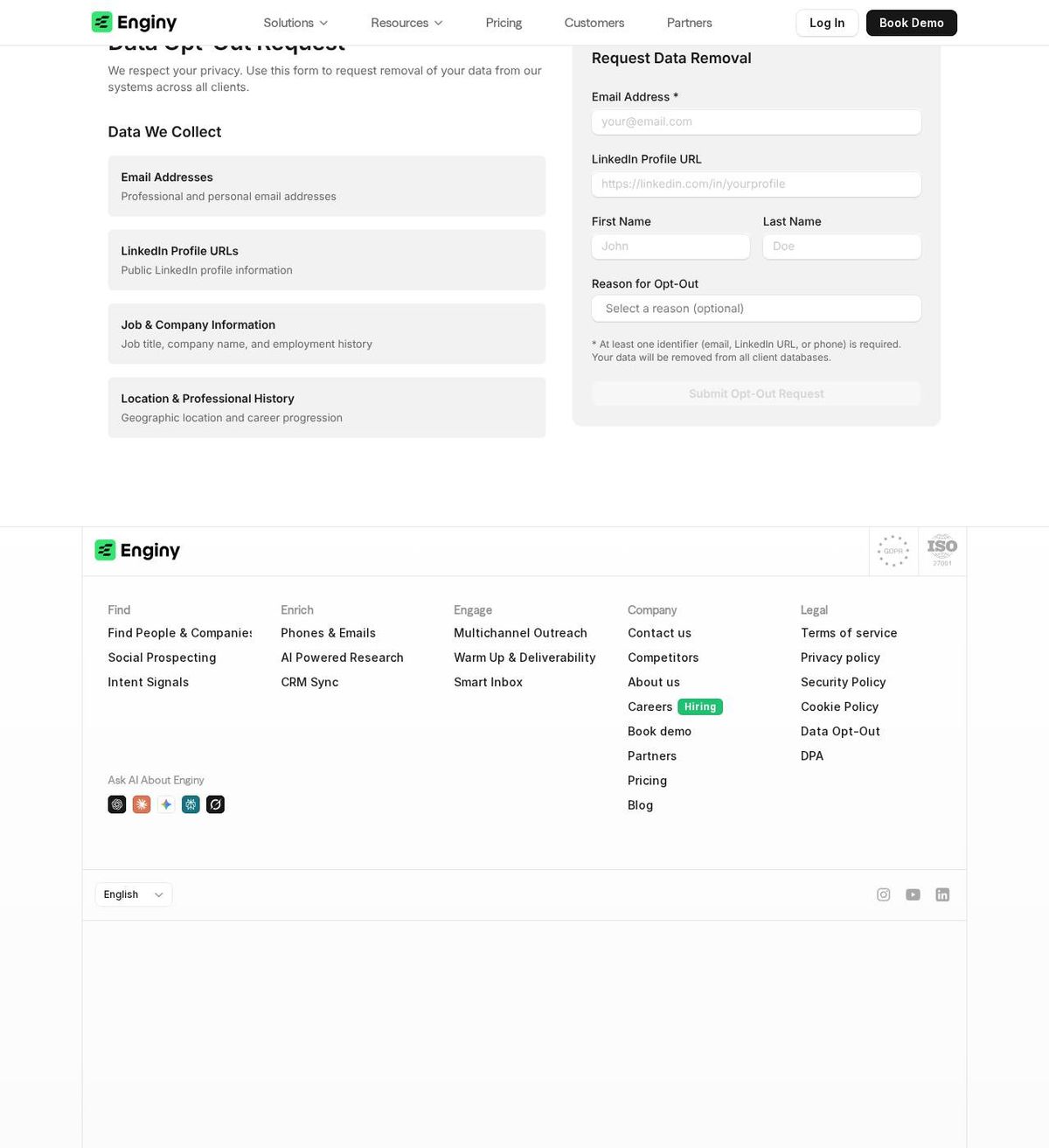 Enginy AI's opt-out page, captured 23 Oct 2026