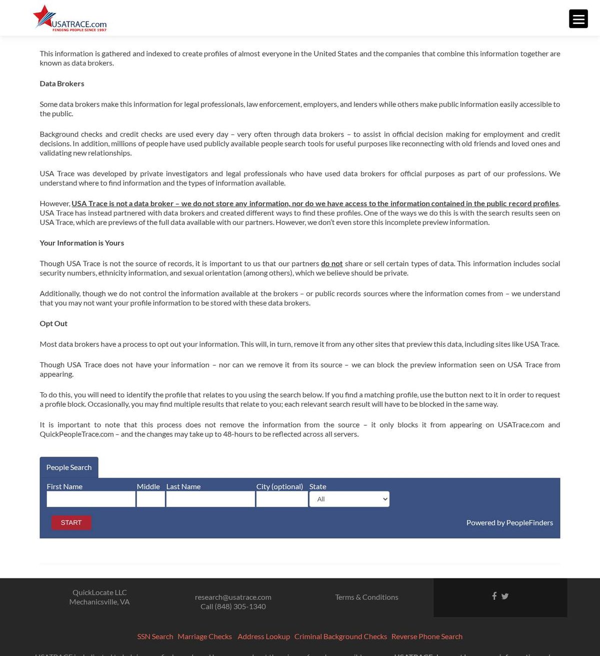 USATrace's opt-out page, captured 23 Oct 2026