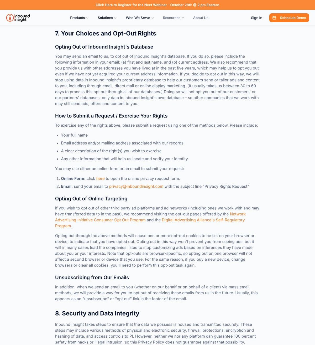 Inbound Insight's opt-out page, captured 23 Oct 2026