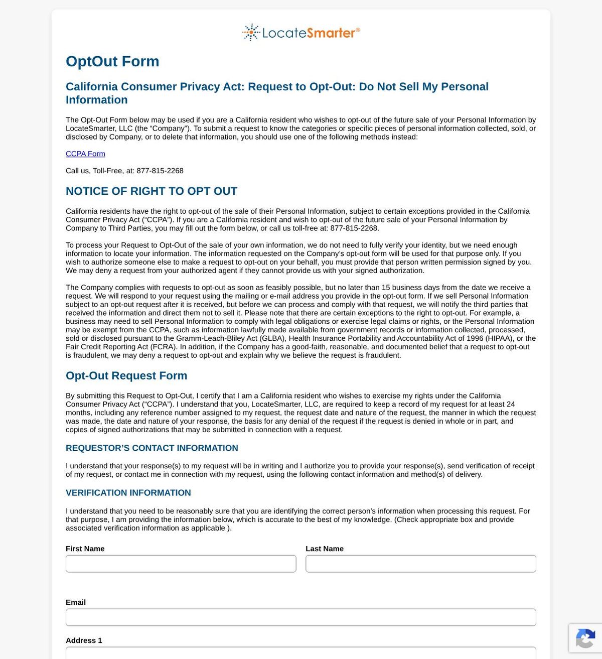 LocateSmarter's opt-out page, captured 23 Oct 2026