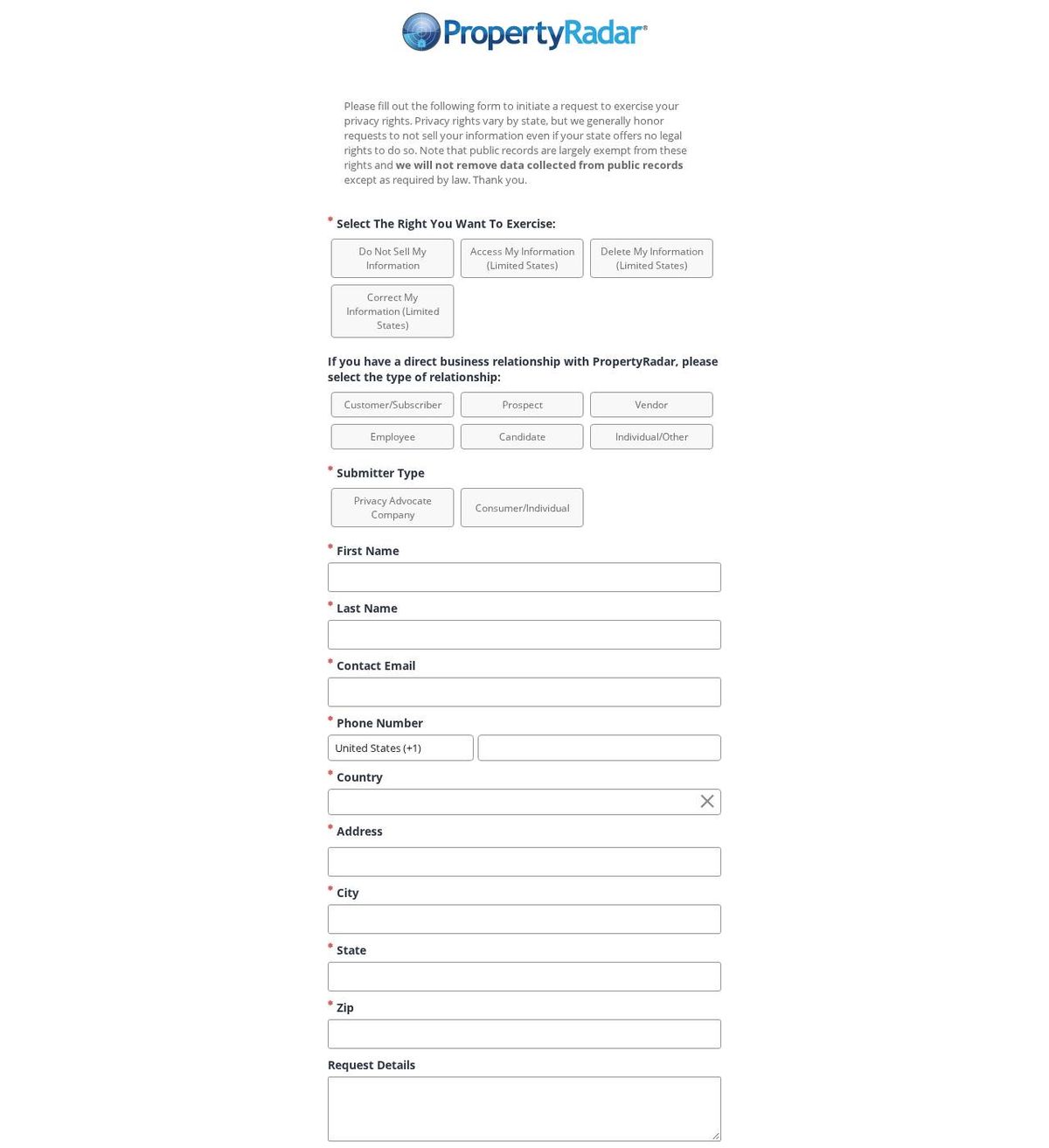 PropertyRadar's opt-out page, captured 23 Oct 2026