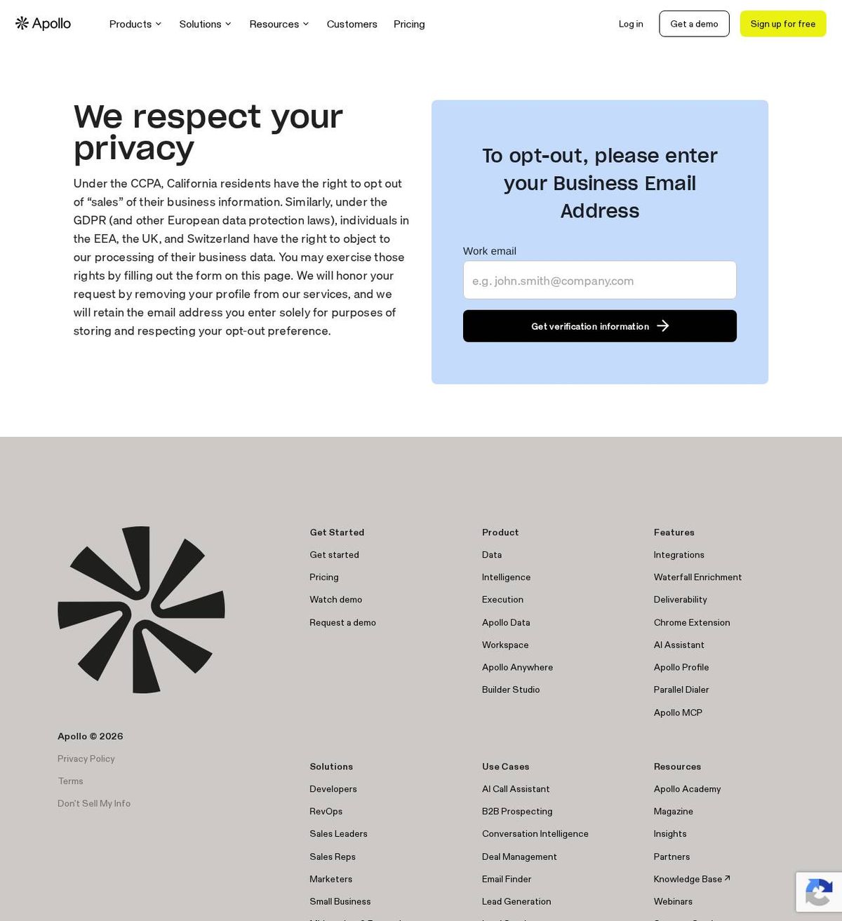 Apollo's opt-out page, captured 23 Oct 2026