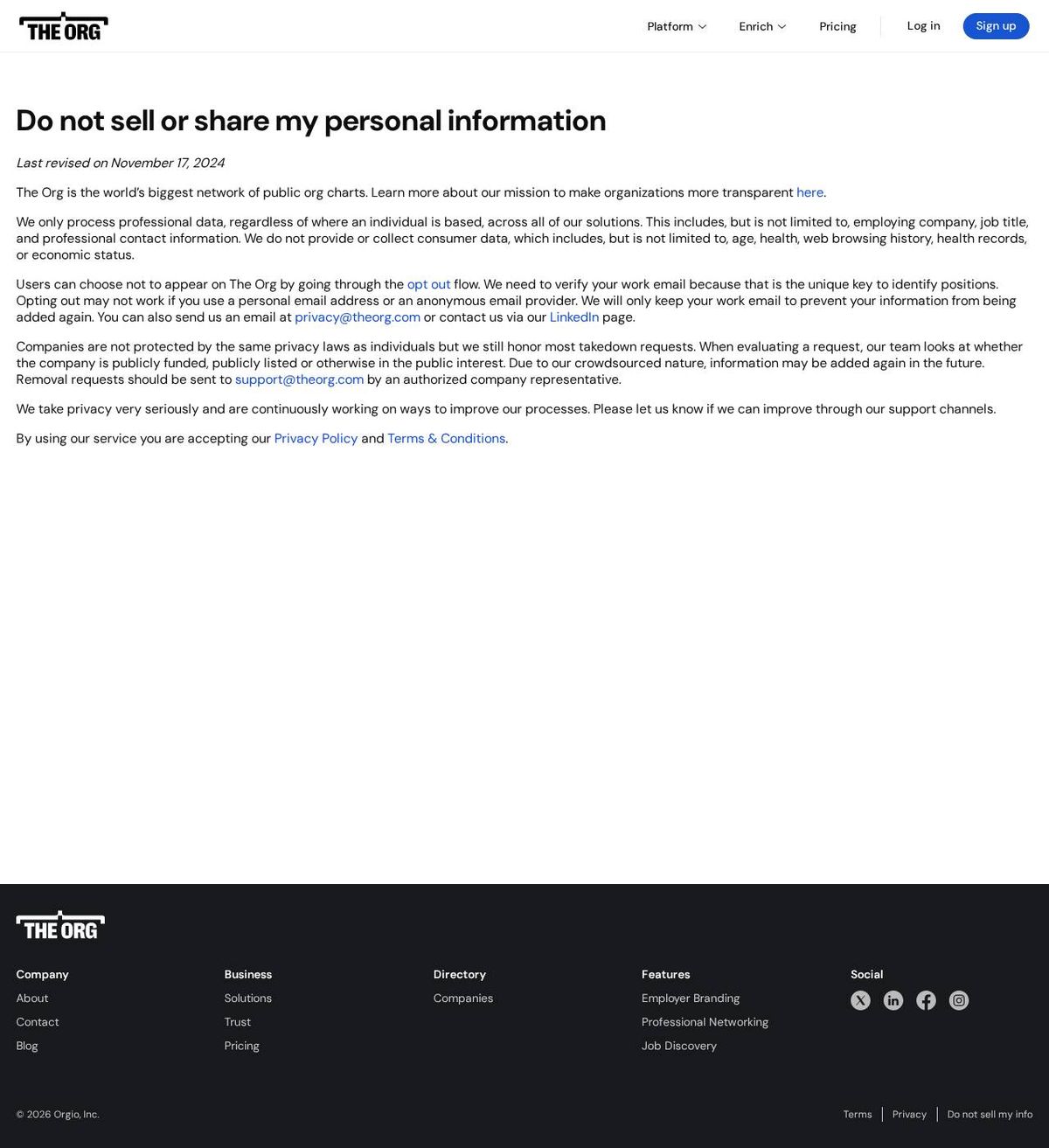Orgio, Inc.'s opt-out page, captured 23 Oct 2026