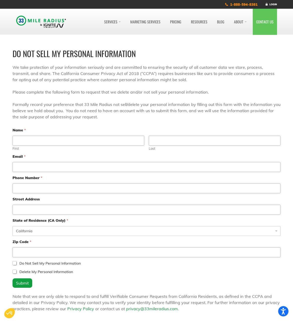 33 Mile Radius's opt-out page, captured 23 Oct 2026