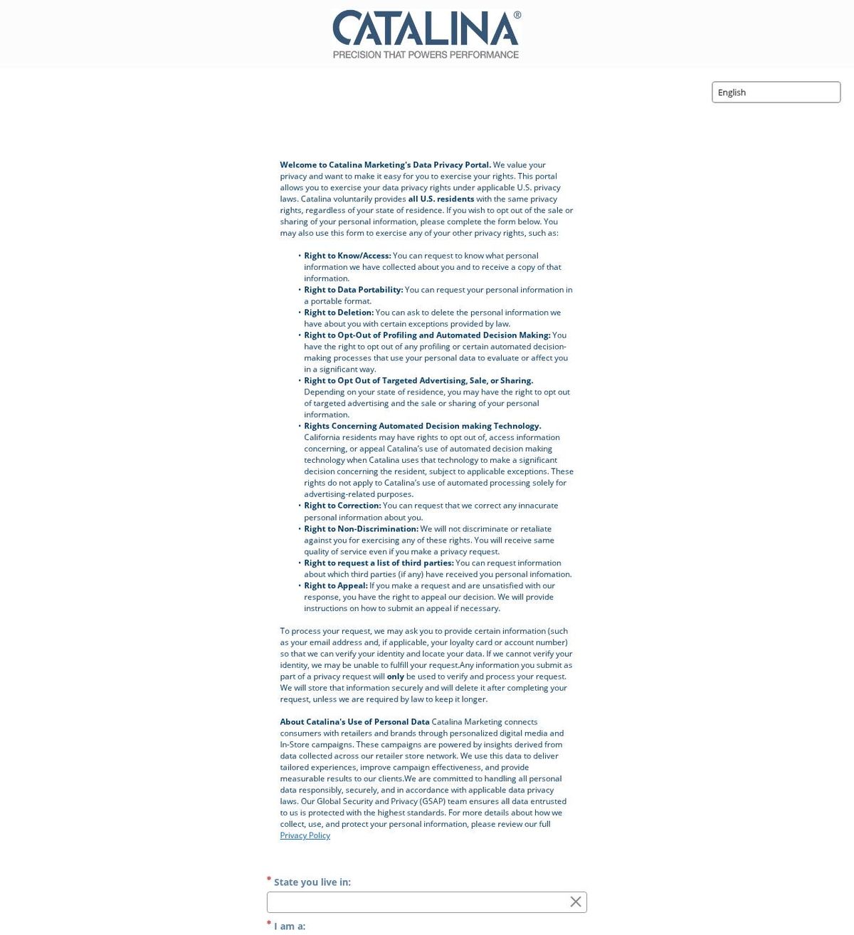 Catalina's opt-out page, captured 23 Oct 2026
