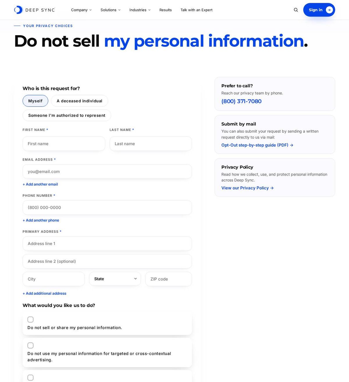 DeepSync's opt-out page, captured 23 Oct 2026