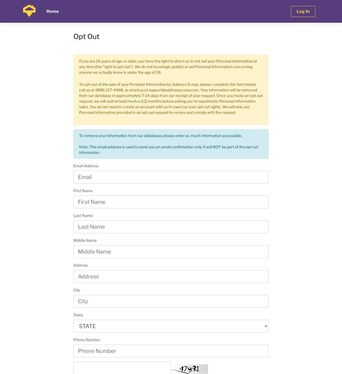 Address Scoop's opt-out page, captured 23 Oct 2026