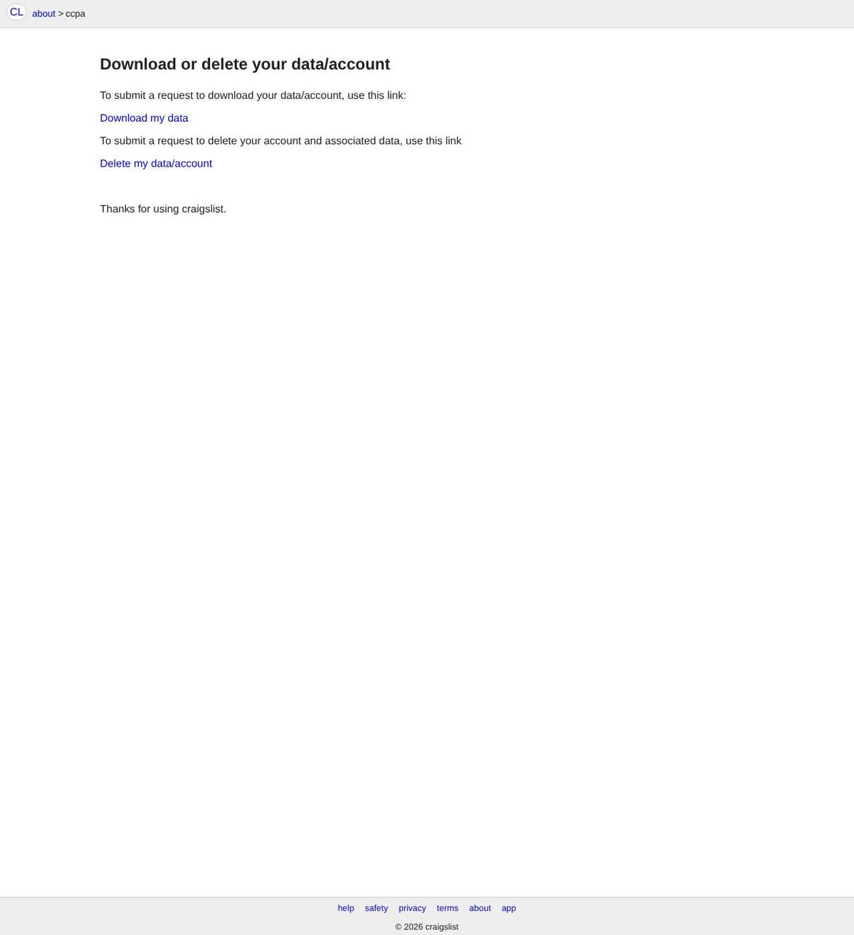 The official help page for how to delete your craigslist account, captured 23 Oct 2026