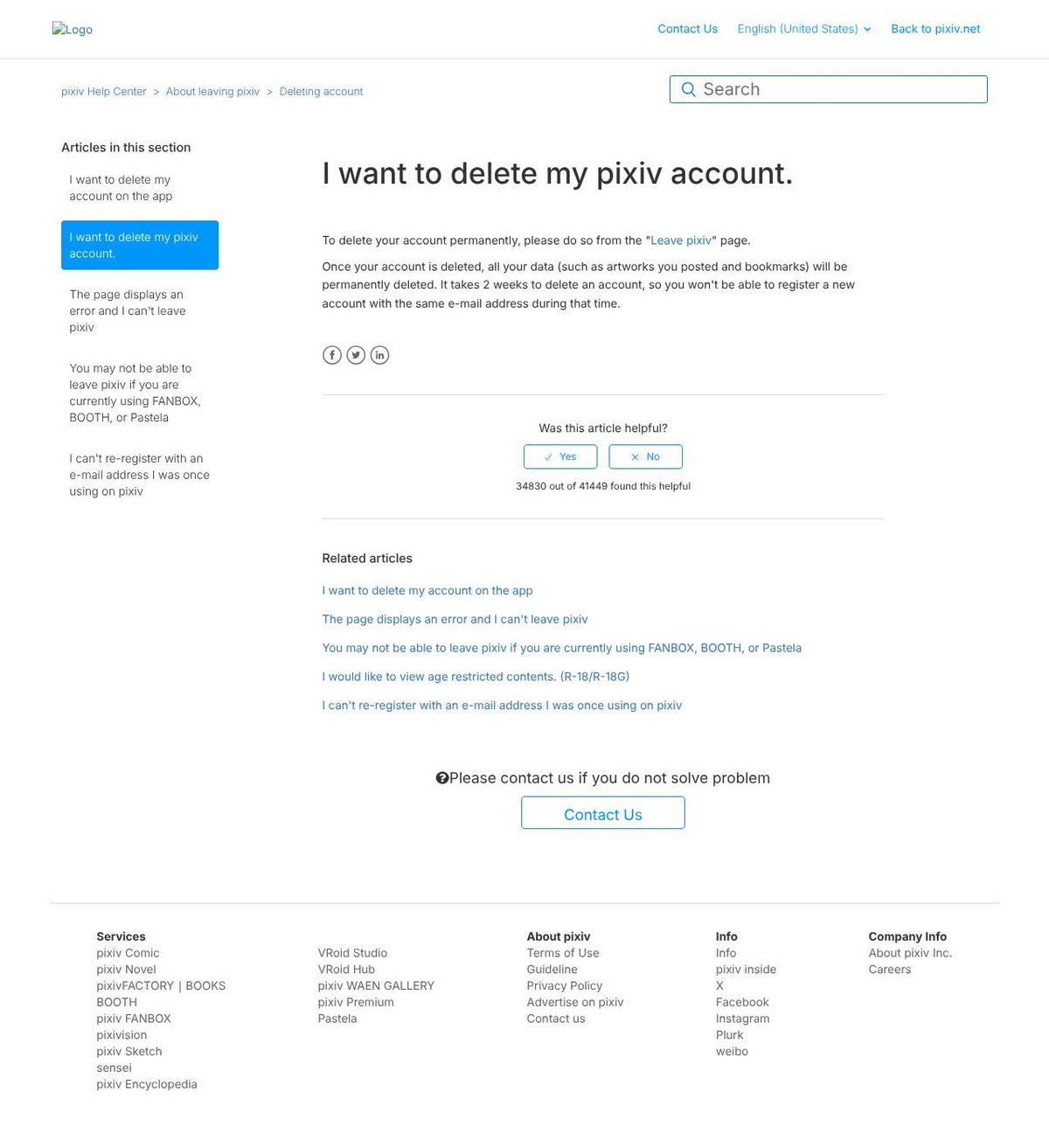 The official help page for how to delete your pixiv account, captured 23 Oct 2026