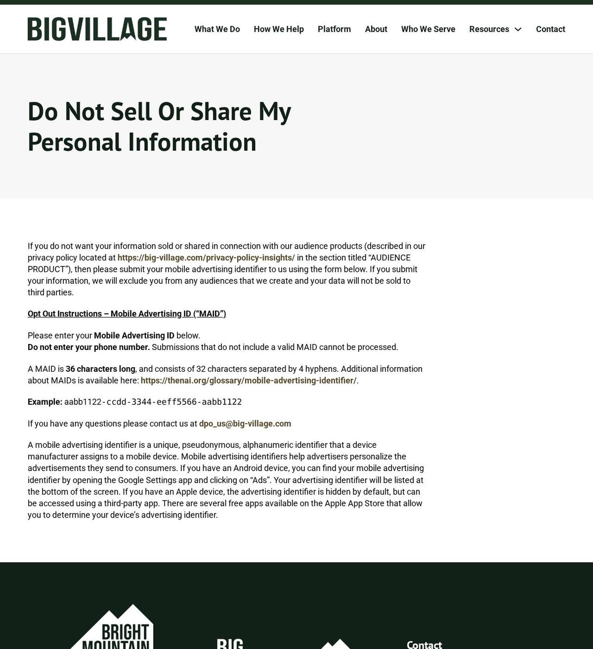 Big Village's opt-out page, captured 23 Oct 2026