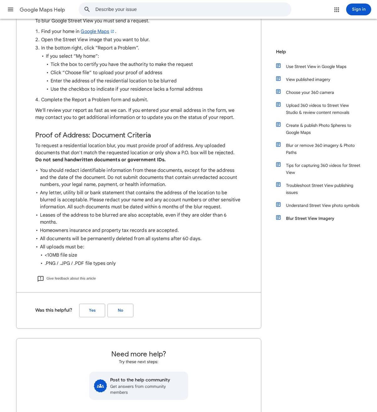 The official help page for how to blur your house on google maps, captured 23 Oct 2026