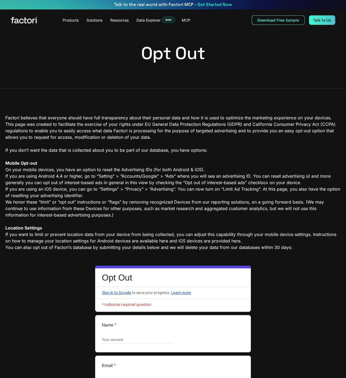 Factori's opt-out page, captured 23 Oct 2026