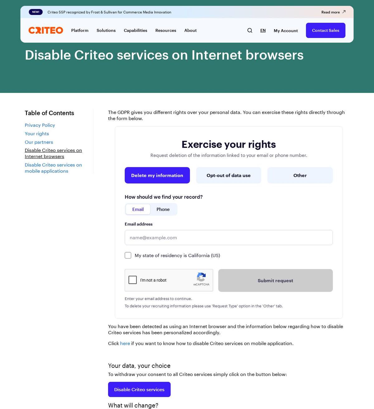 Criteo's opt-out page, captured 23 Oct 2026