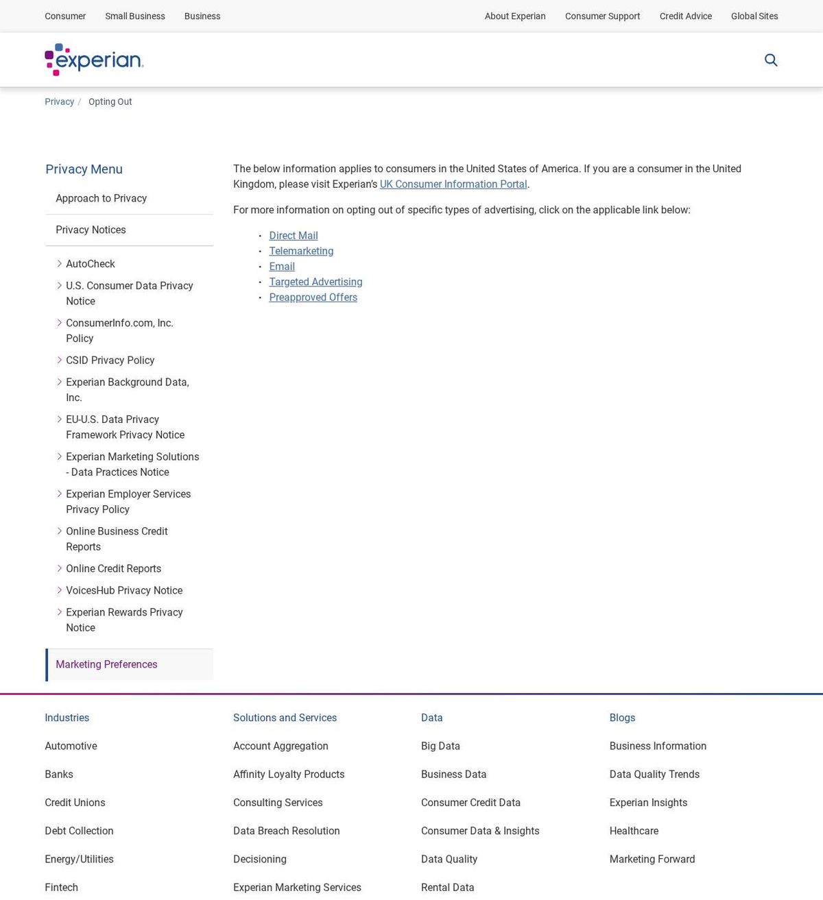 Experian's opt-out page, captured 23 Oct 2026