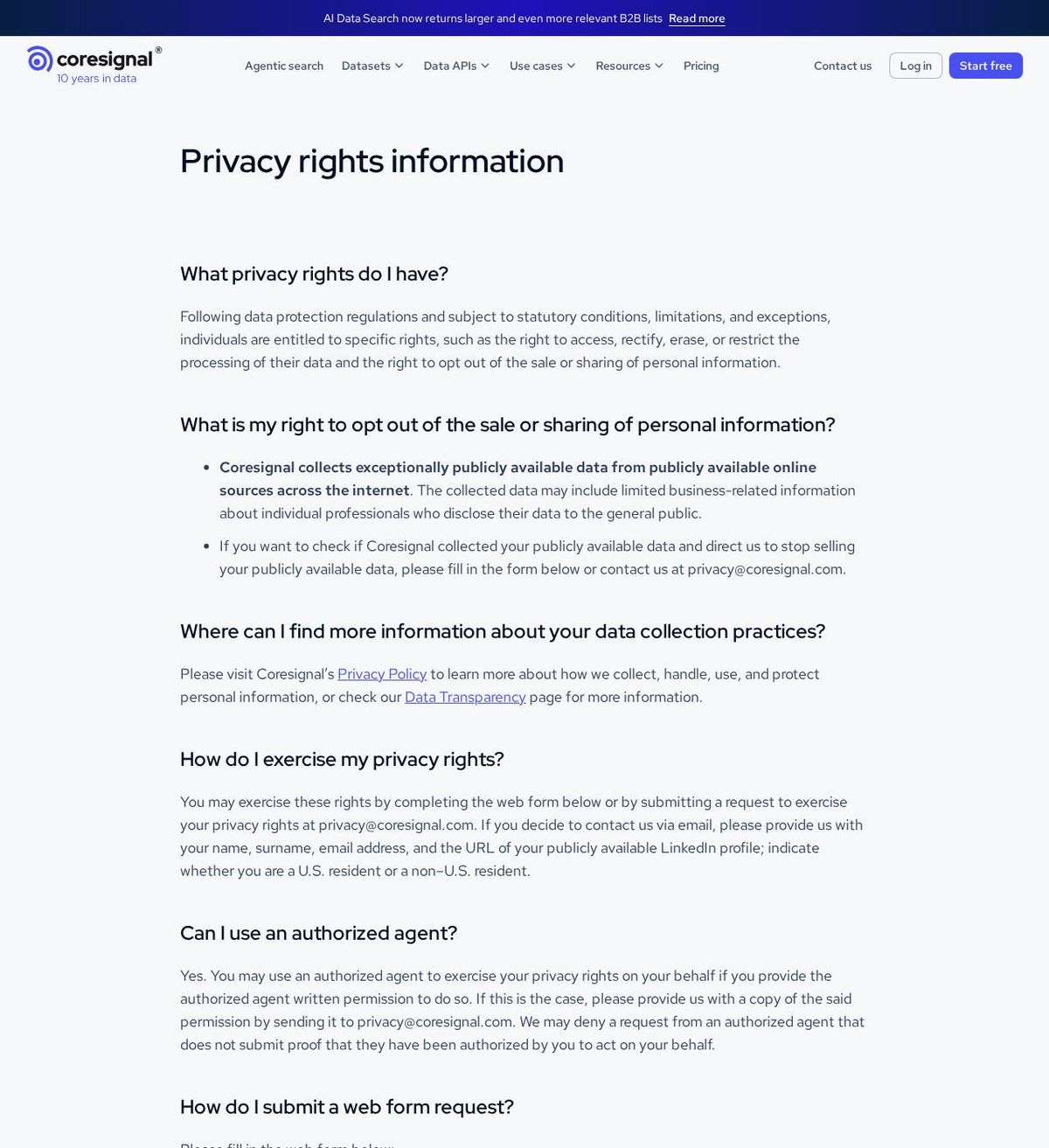 Coresignal's opt-out page, captured 23 Oct 2026