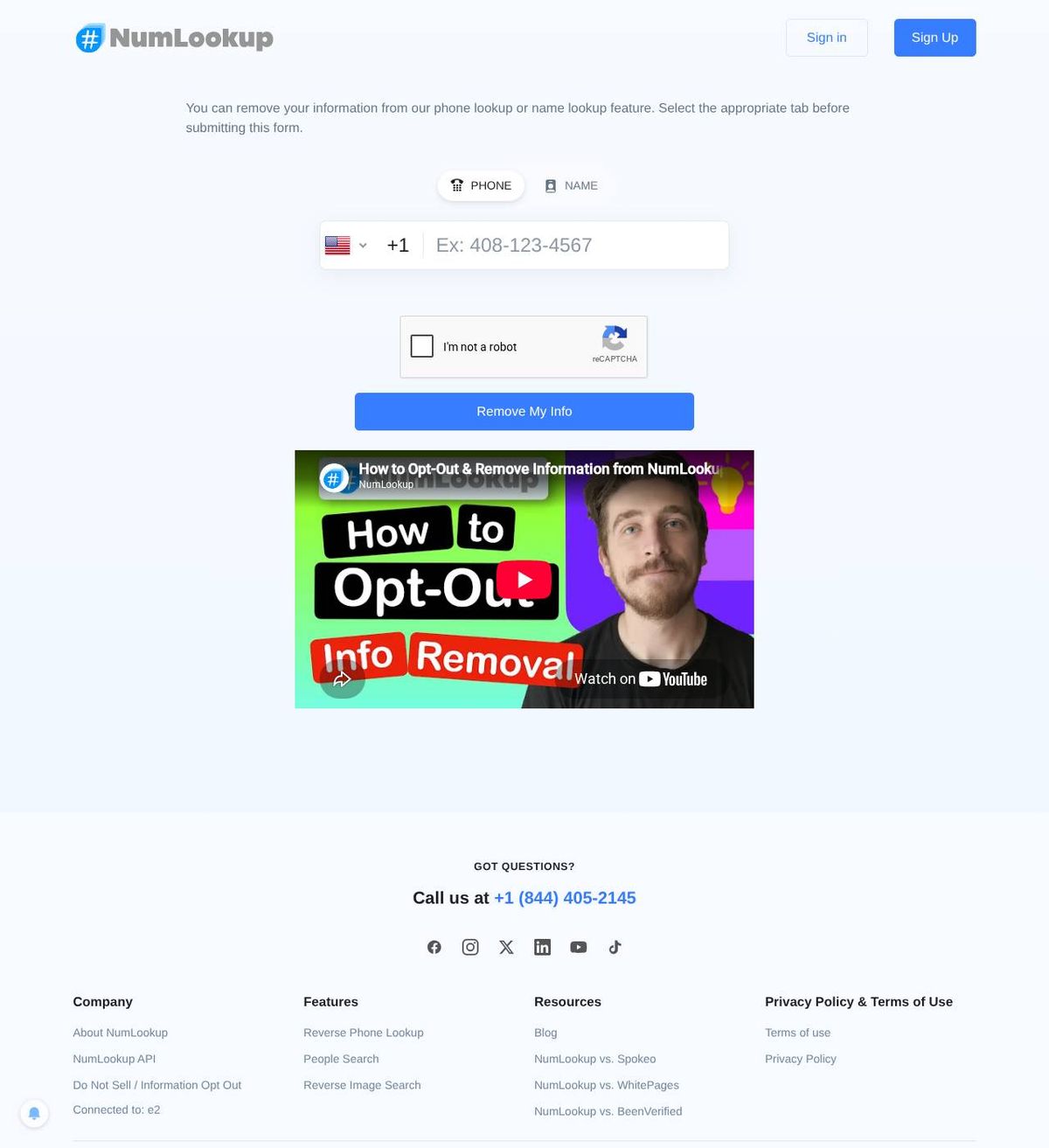 NumLookup's opt-out page, captured 23 Oct 2026
