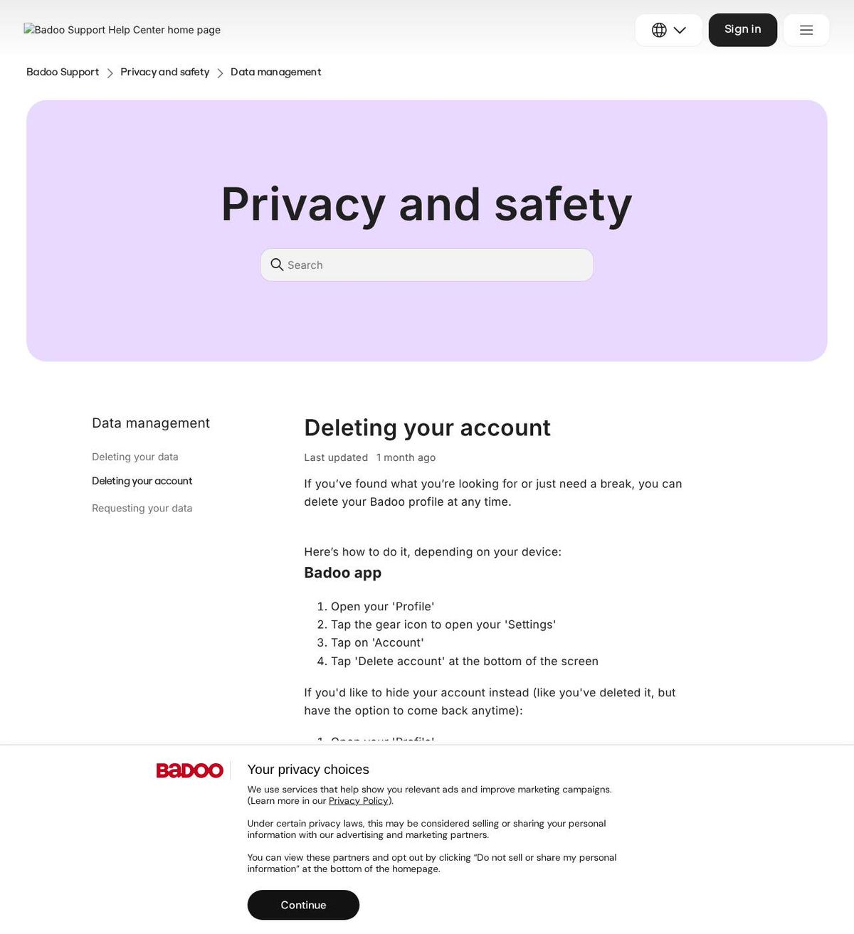 The official help page for how to delete your badoo account, captured 23 Oct 2026