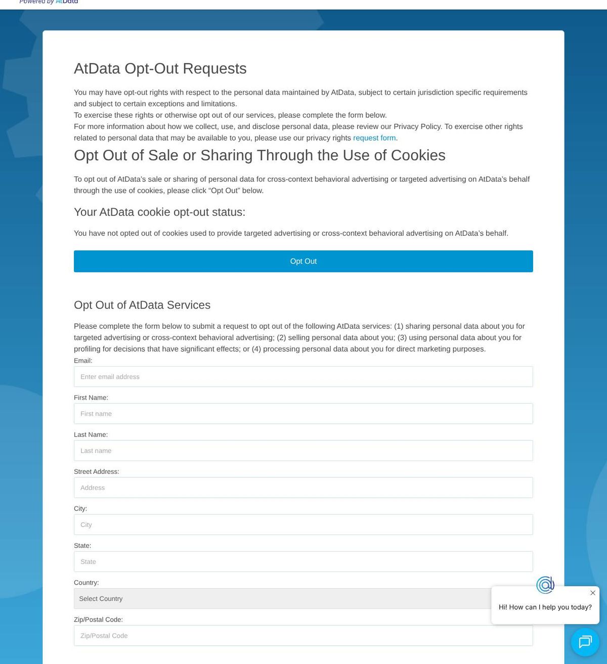 TowerData's opt-out page, captured 23 Oct 2026