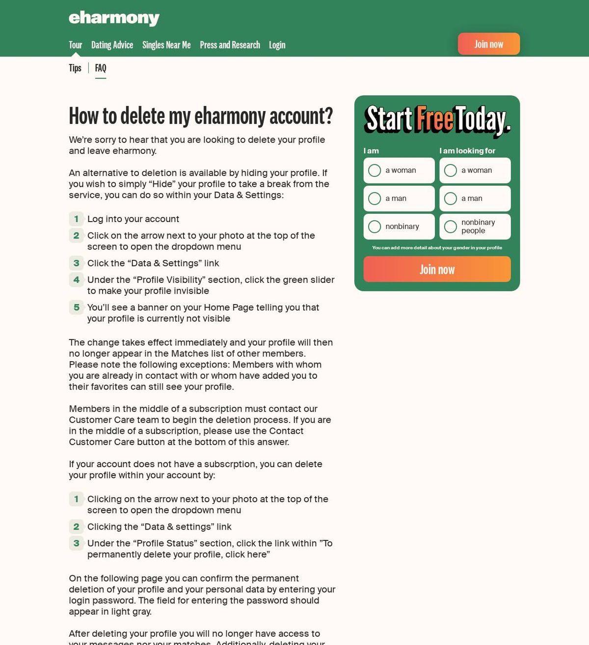 The official help page for how to delete your eharmony account, captured 23 Oct 2026
