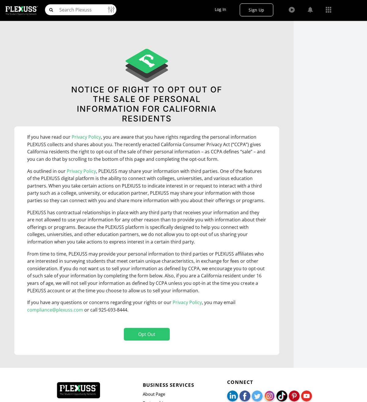 PLEXUSS's opt-out page, captured 23 Oct 2026