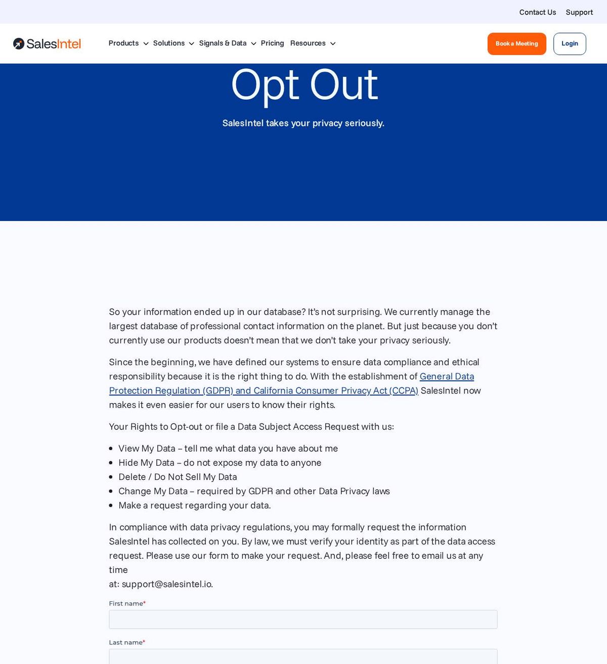 SalesIntel's opt-out page, captured 23 Oct 2026