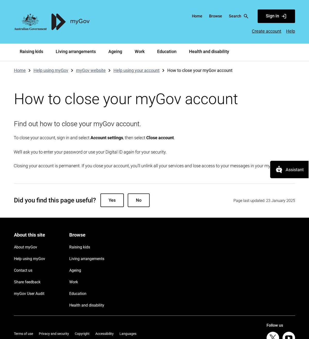 The official help page for how to close your mygov account, captured 23 Oct 2026
