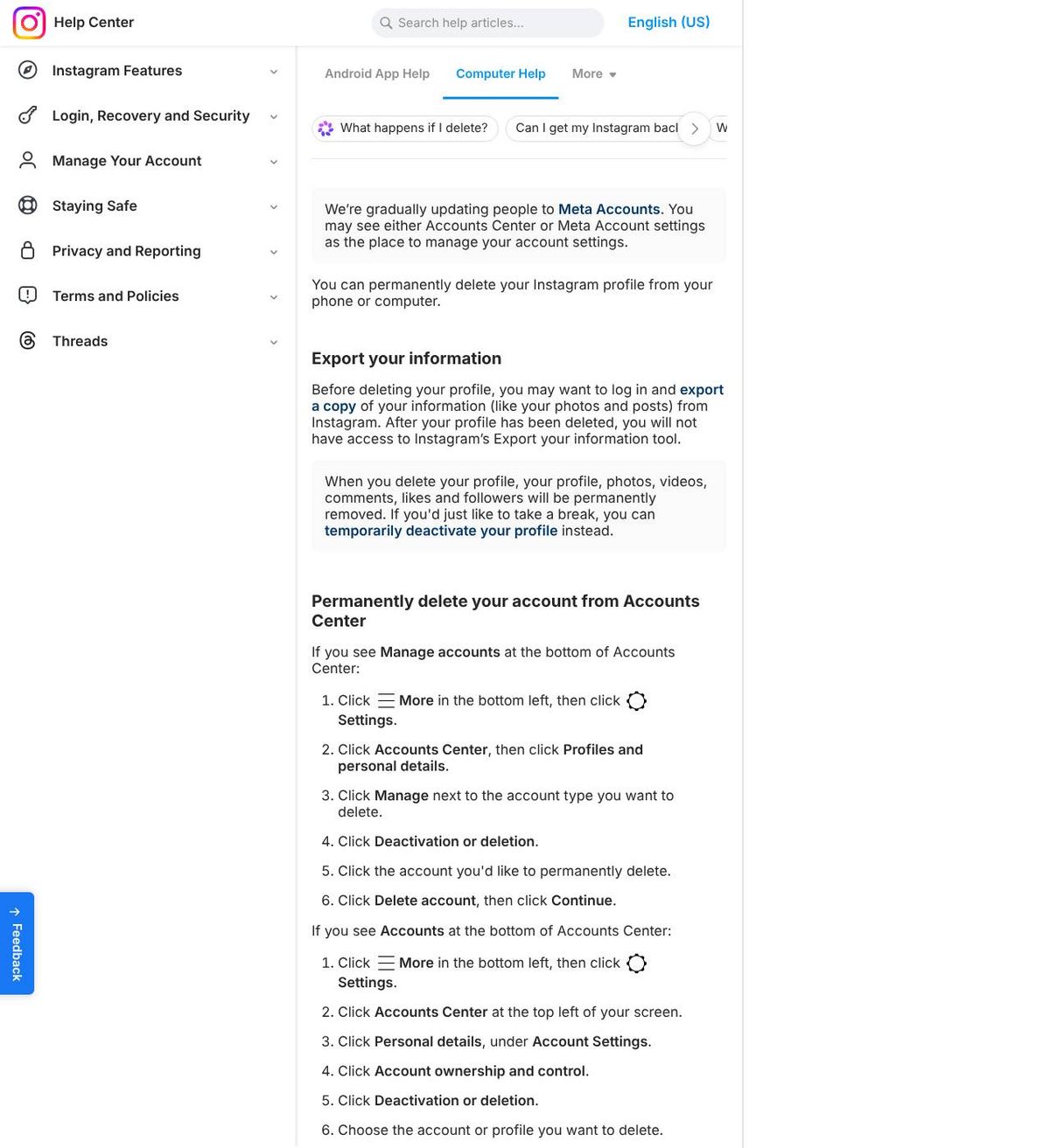 The official help page for how to delete your instagram account, captured 23 Oct 2026