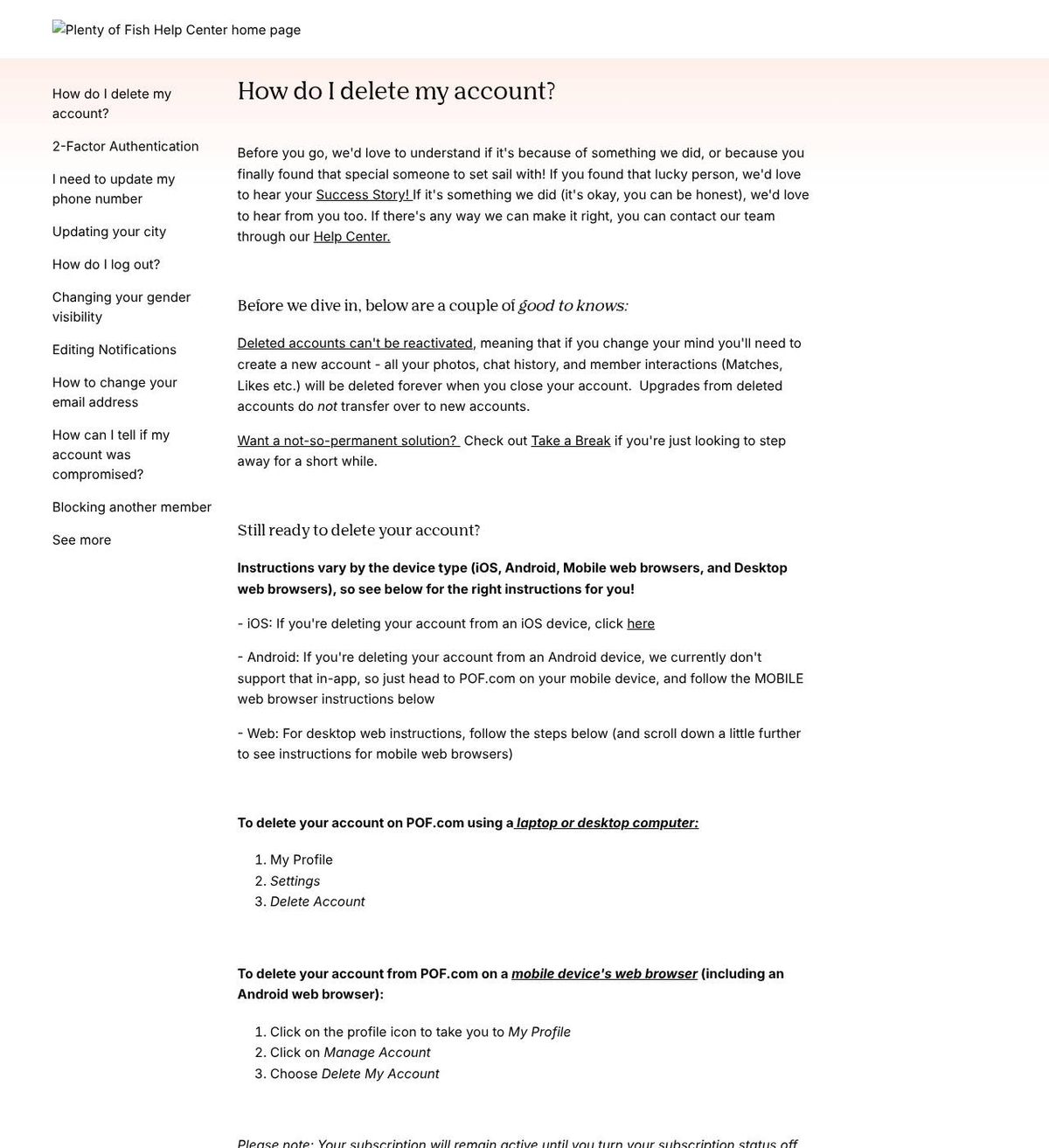 The official help page for how to delete your plenty of fish account, captured 23 Oct 2026