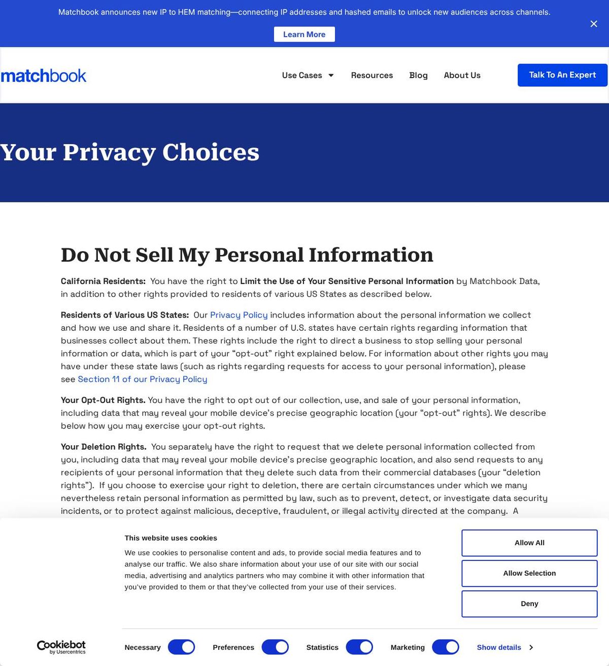 MATCHBOOK's opt-out page, captured 23 Oct 2026