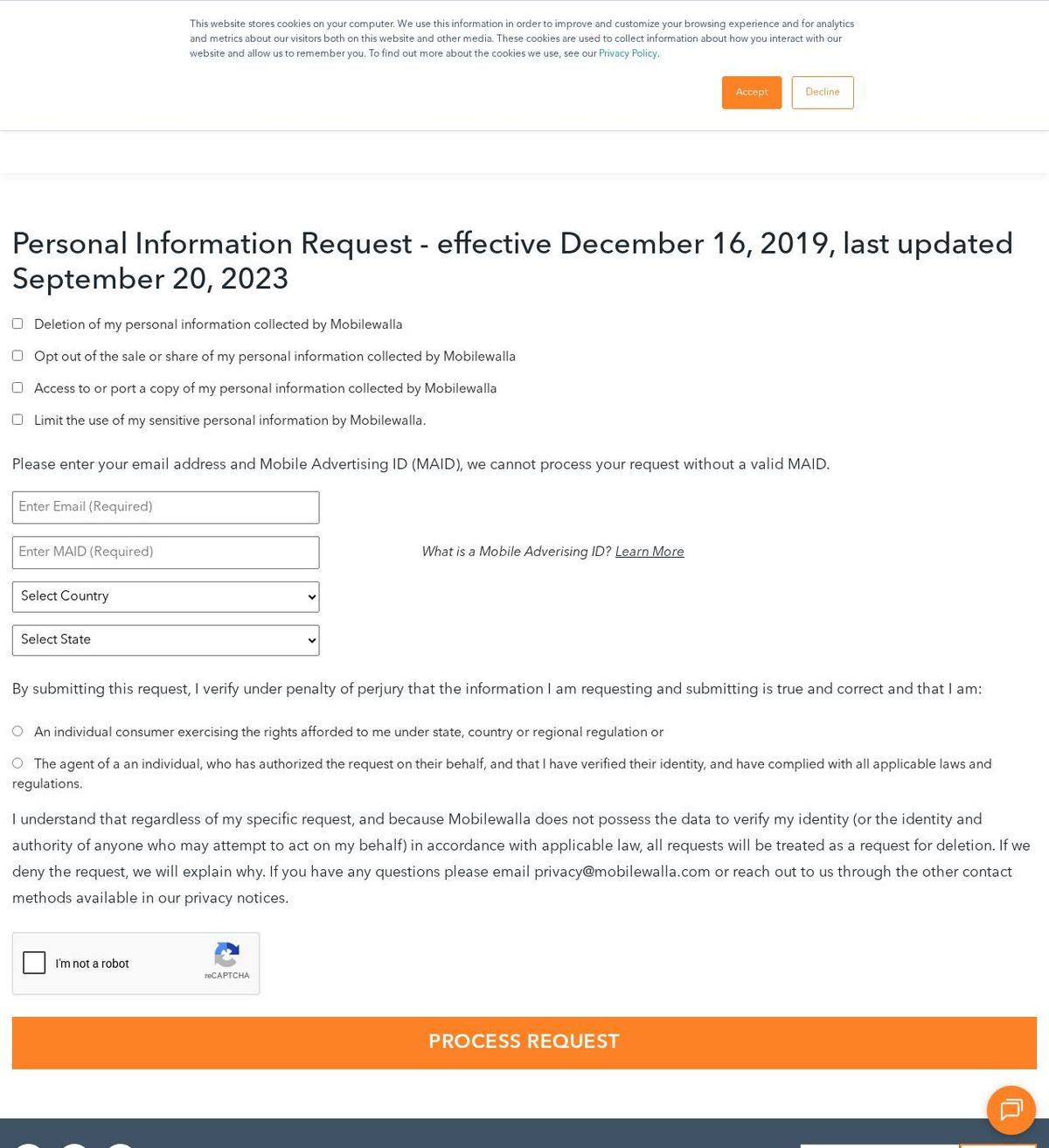 Mobilewalla's opt-out page, captured 23 Oct 2026