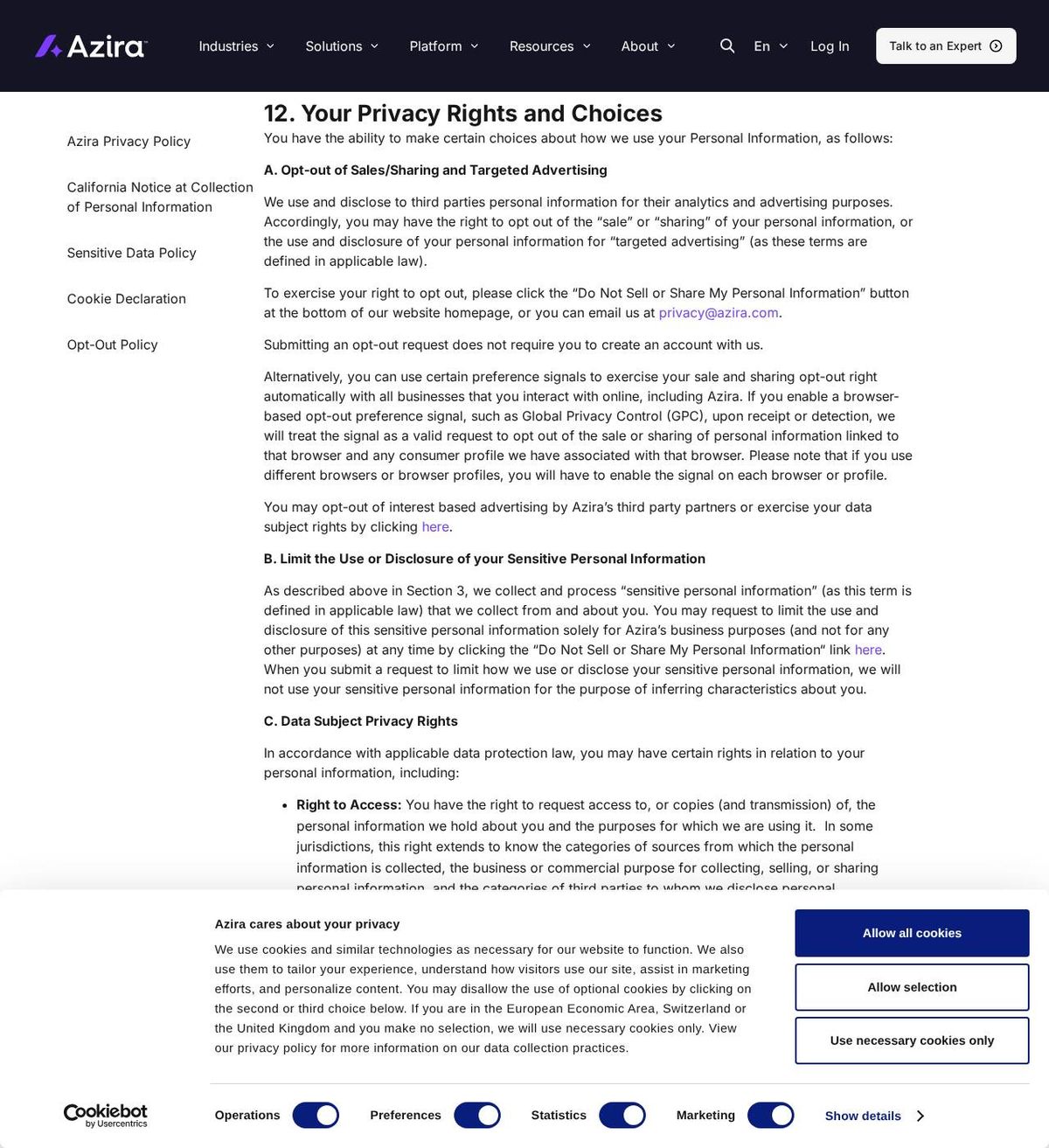 Azira's opt-out page, captured 23 Oct 2026