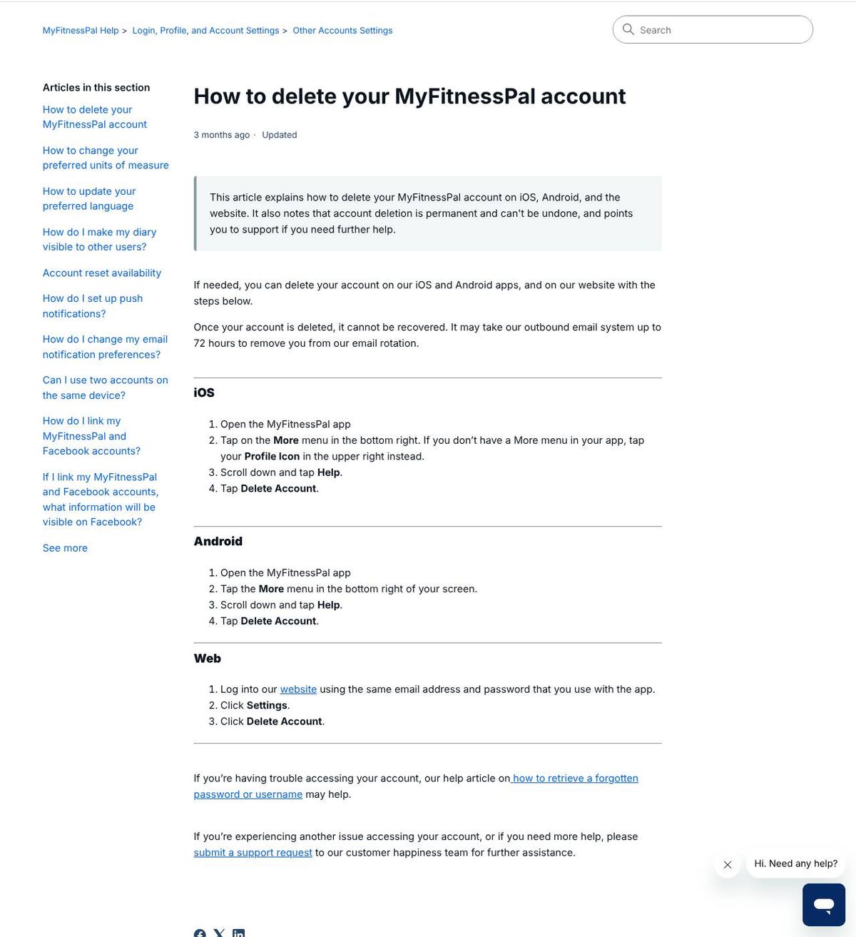 The official help page for how to delete your myfitnesspal account, captured 23 Oct 2026