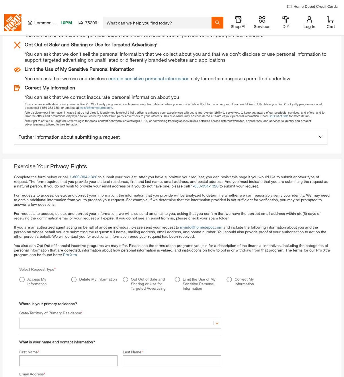 The official help page for how to delete your home depot account, captured 23 Oct 2026