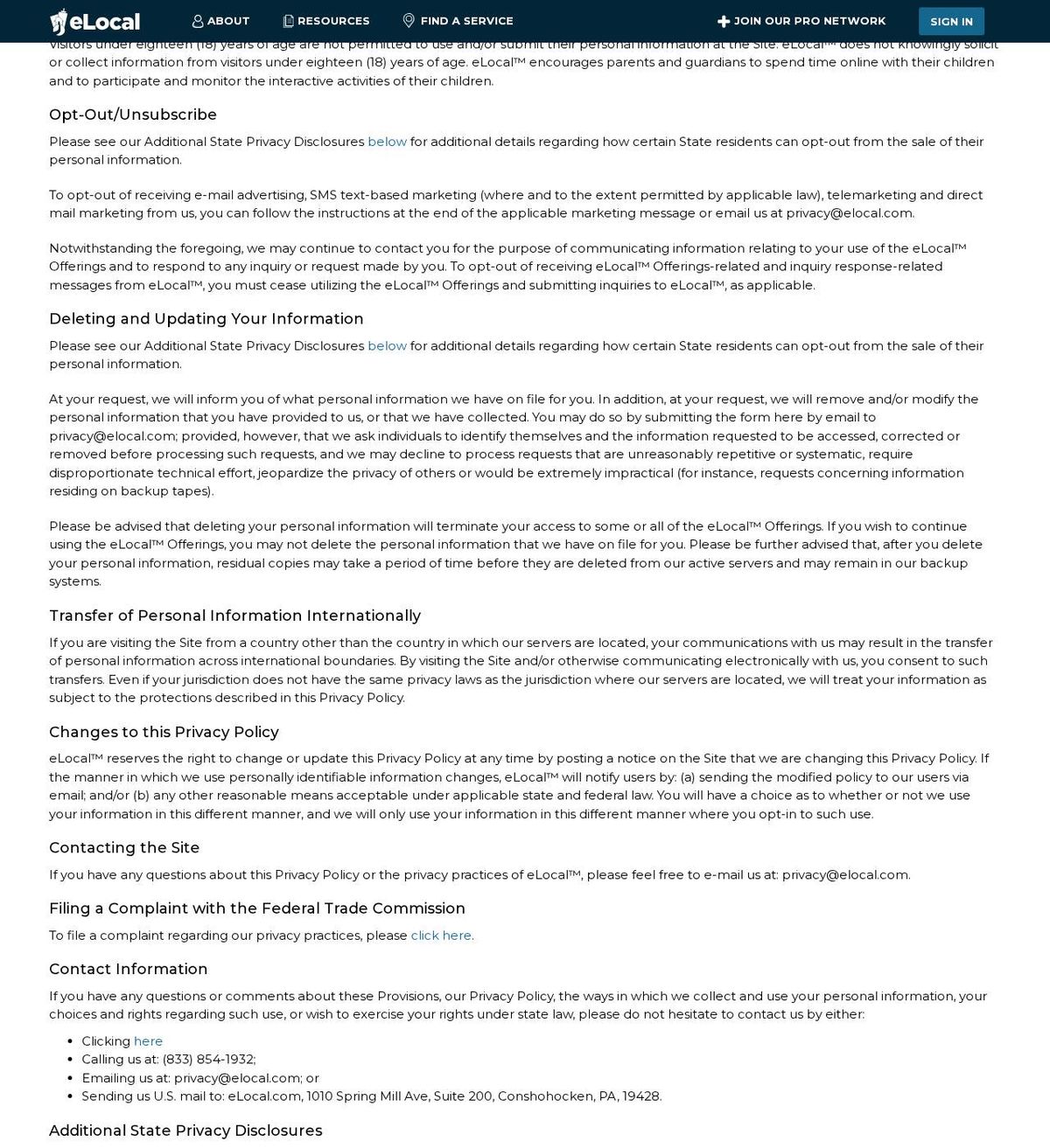 eLocal USA LLC's opt-out page, captured 23 Oct 2026