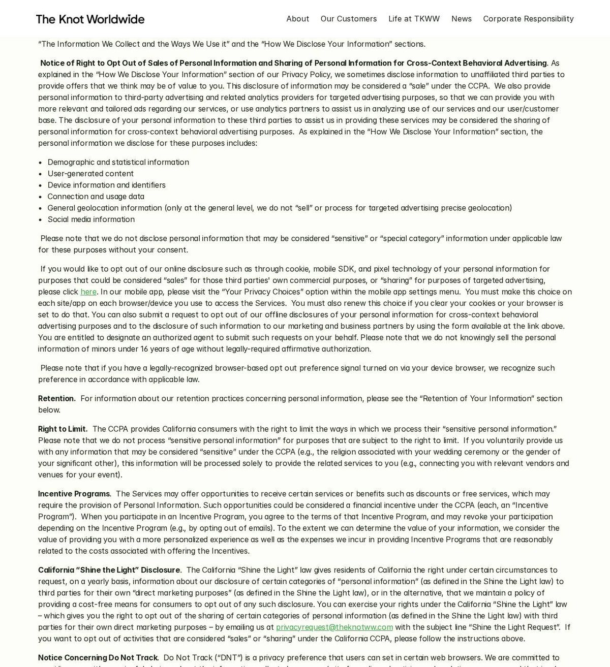The Knot Worldwide Inc.'s opt-out page, captured 23 Oct 2026