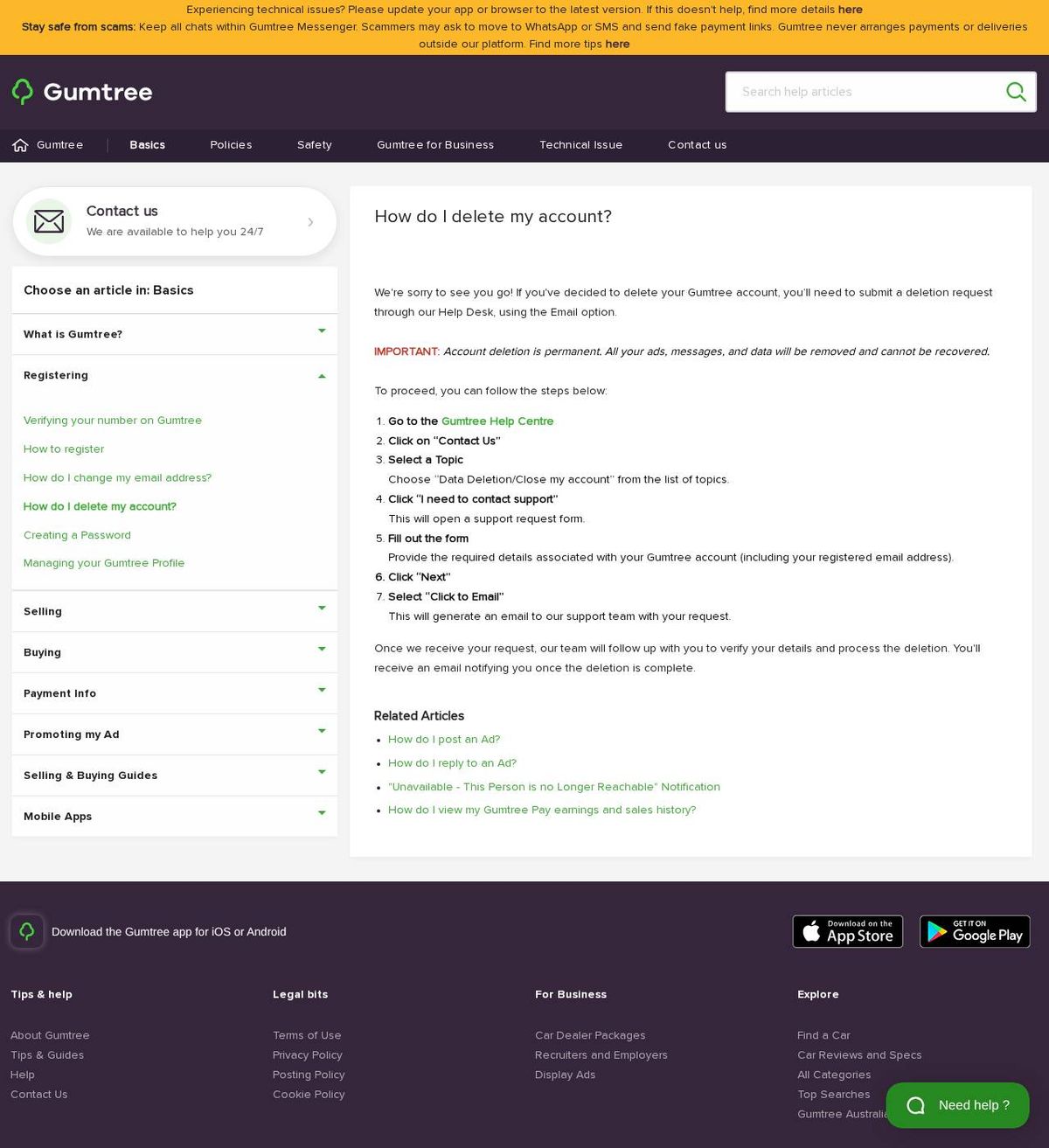 The official help page for how to delete your gumtree account in australia, captured 23 Oct 2026