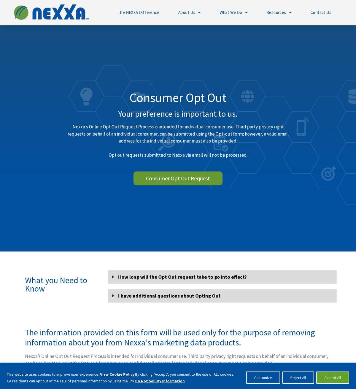 NEXXA's opt-out page, captured 23 Oct 2026