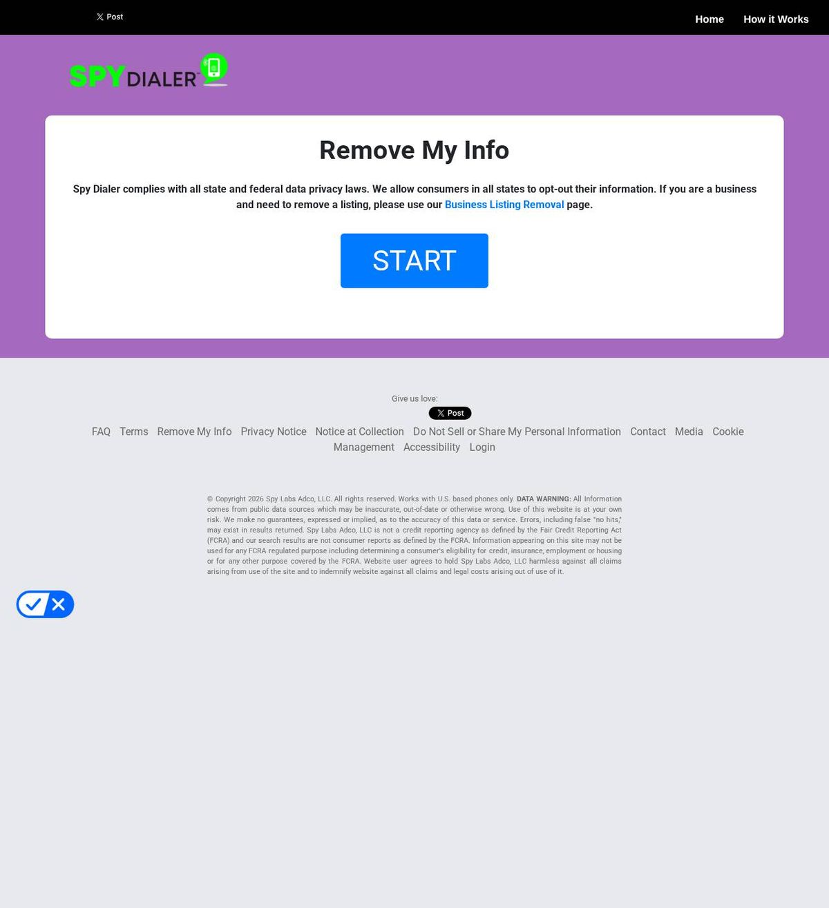 SpyDialer's opt-out page, captured 23 Oct 2026