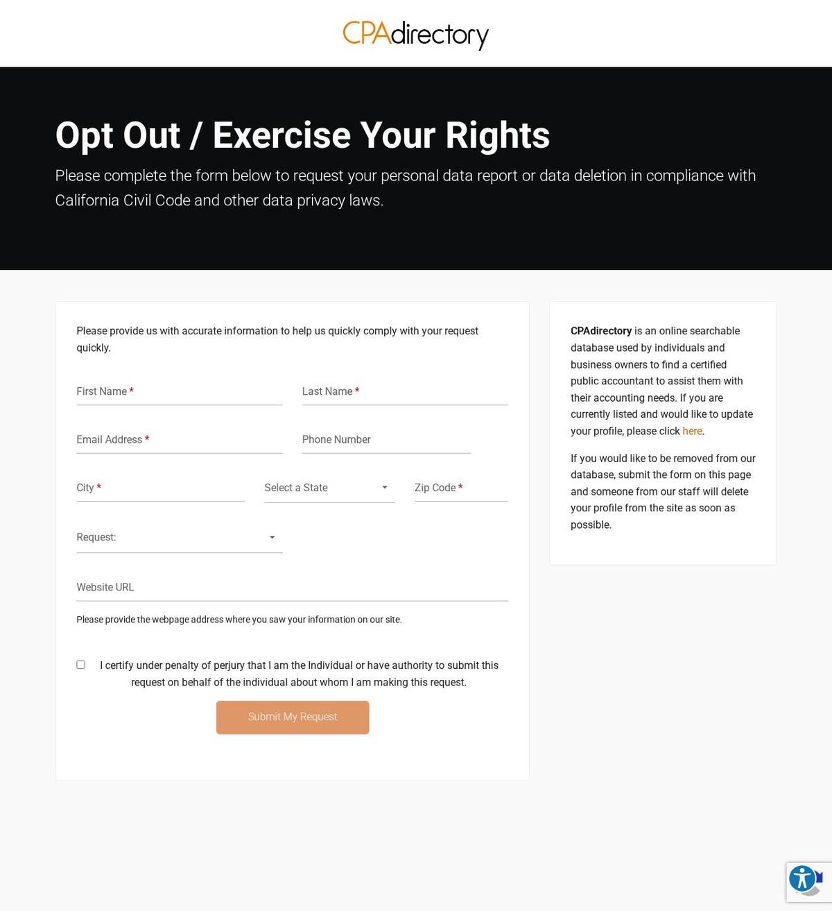 CPAdirectory.com, Inc.'s opt-out page, captured 23 Oct 2026