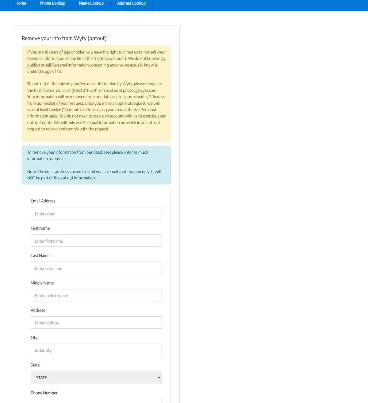 Wyty's opt-out page, captured 23 Oct 2026