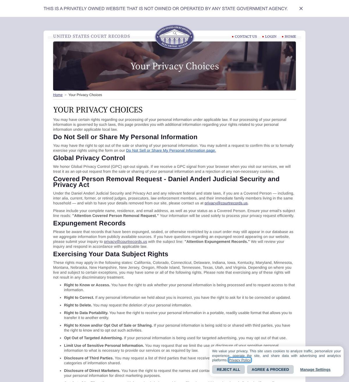CourtRecords.us's opt-out page, captured 23 Oct 2026