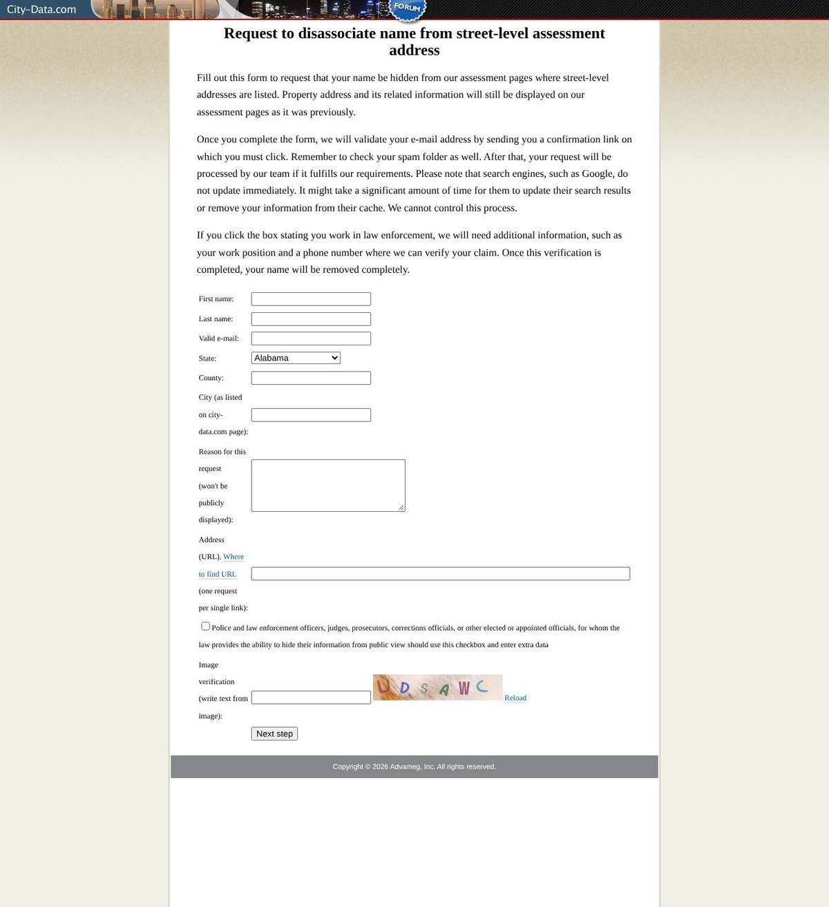 City-Data.com's opt-out page, captured 23 Oct 2026