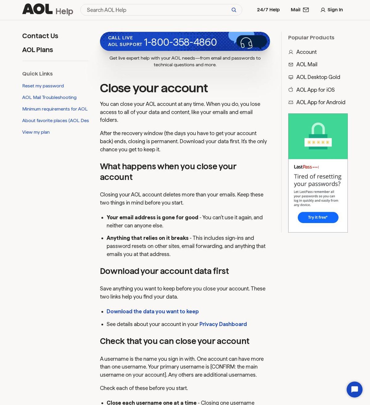 The official help page for how to delete your aol account, captured 23 Oct 2026