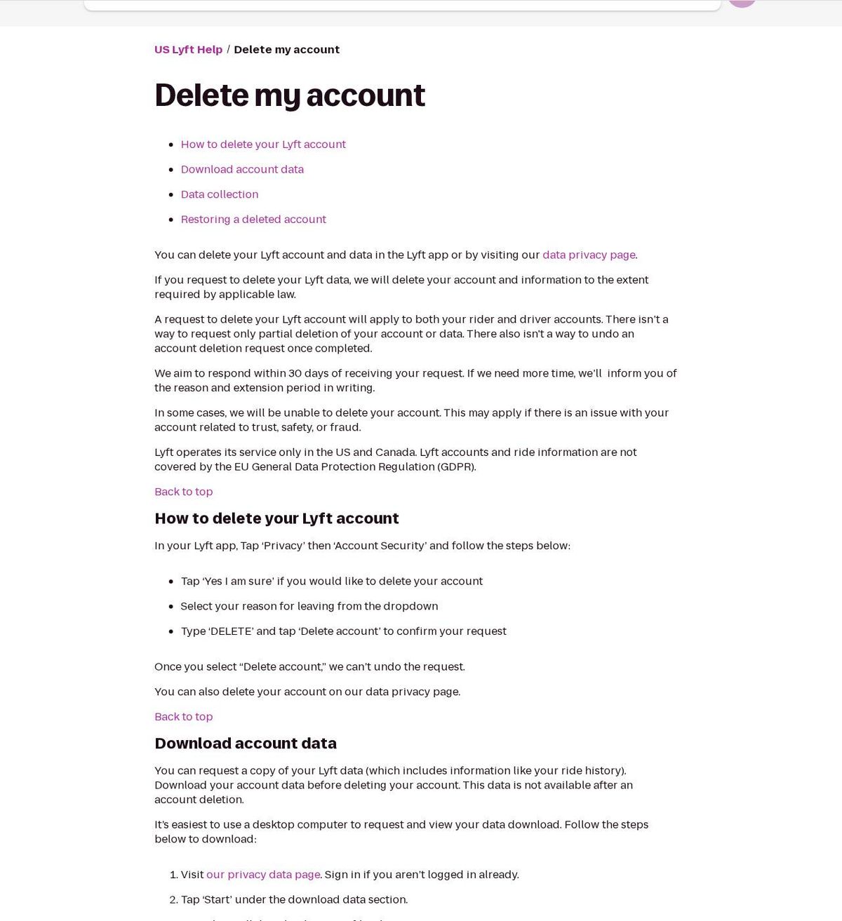The official help page for how to delete your lyft account, captured 23 Oct 2026