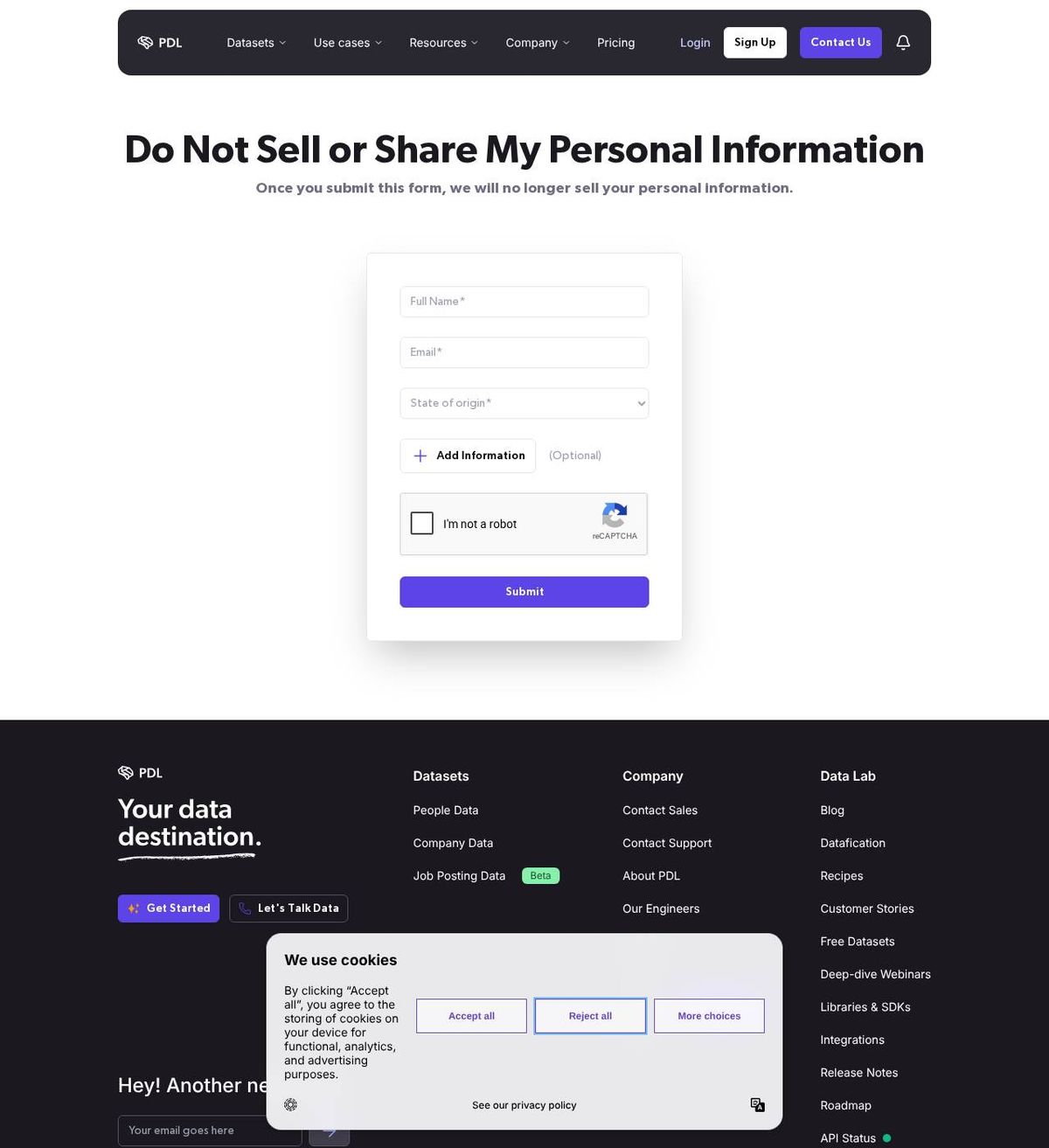 People Data Labs's opt-out page, captured 23 Oct 2026