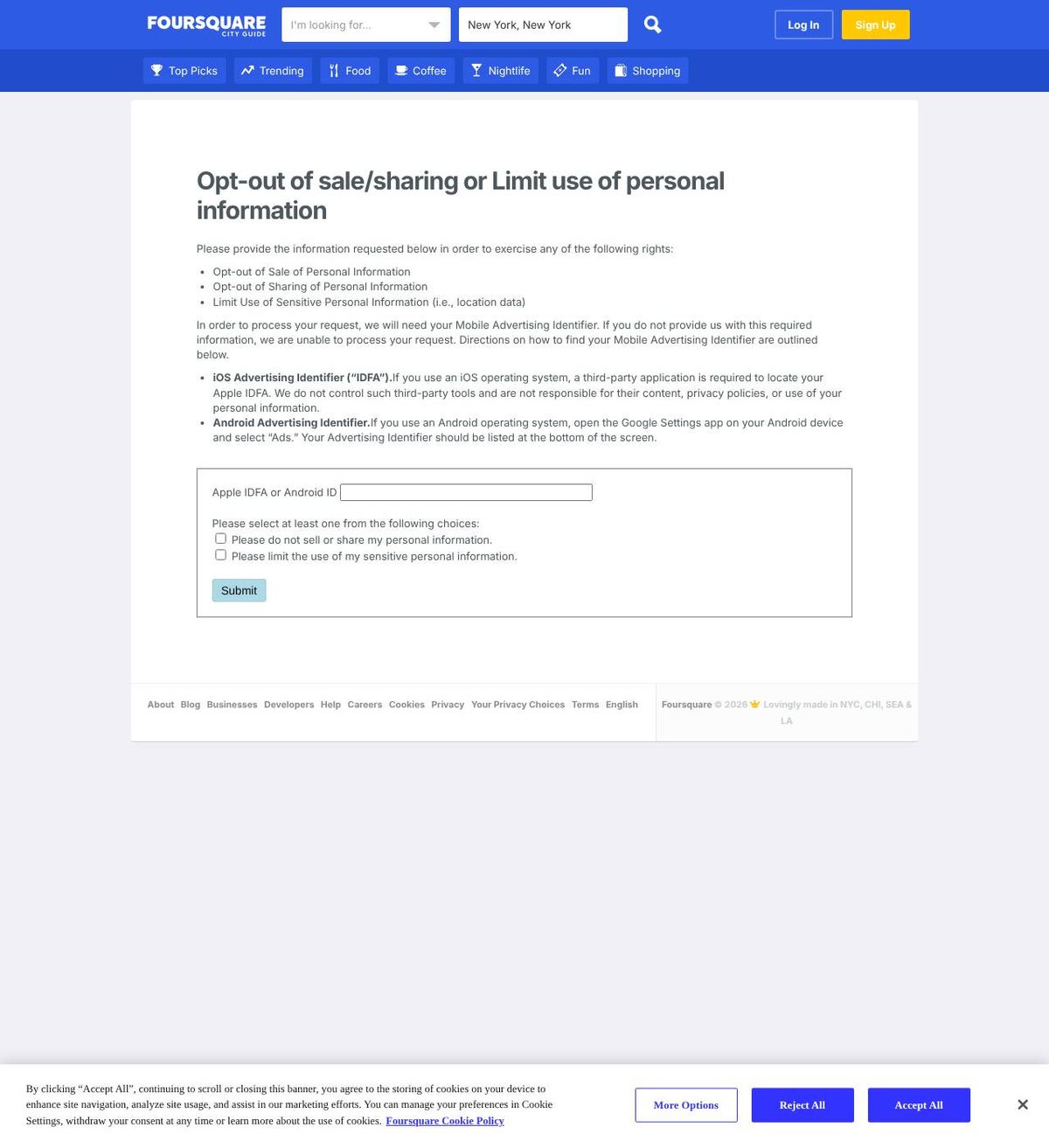 FourSquare's opt-out page, captured 23 Oct 2026