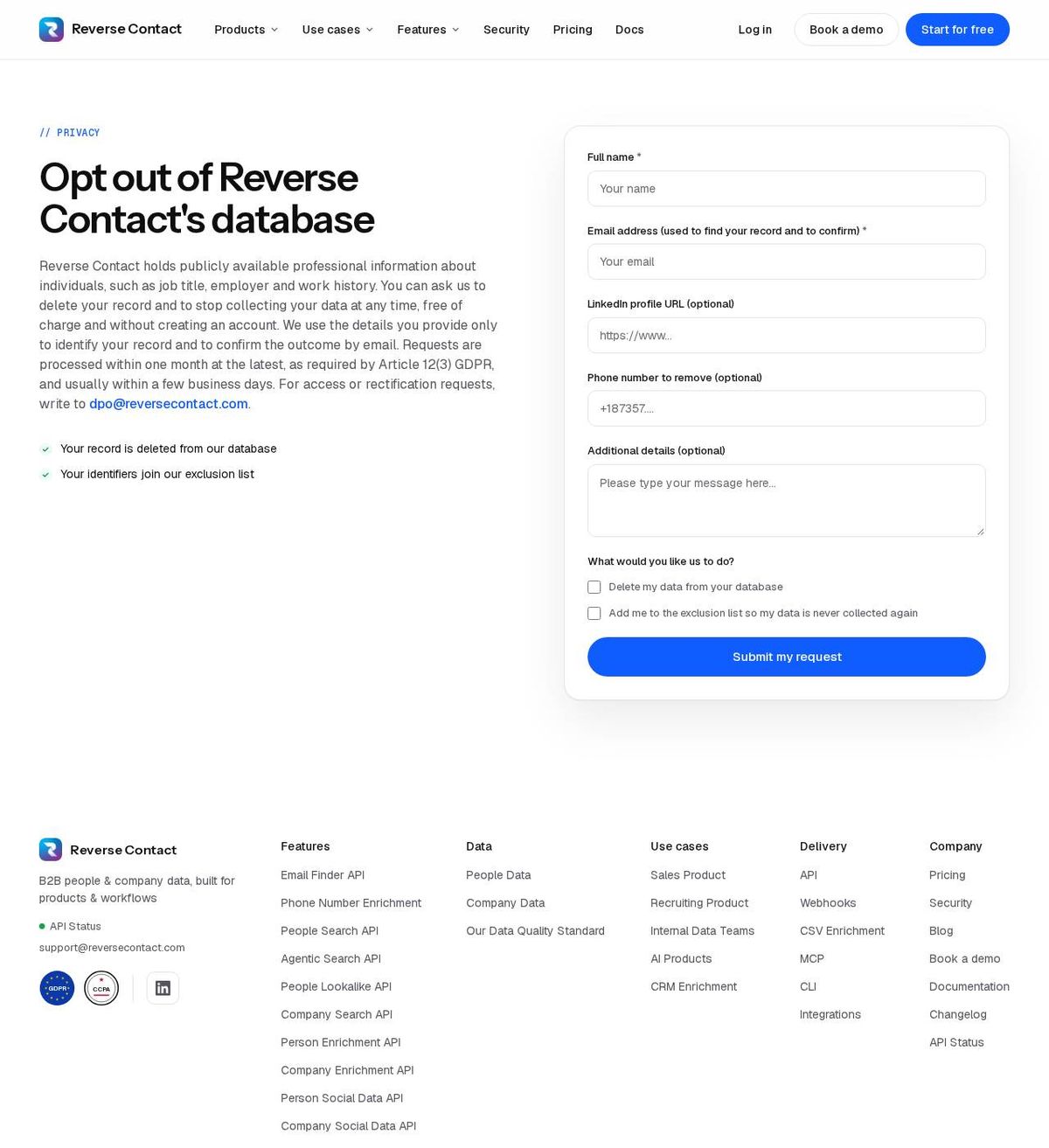 Reverse Contact (VISUM SAS)'s opt-out page, captured 23 Oct 2026