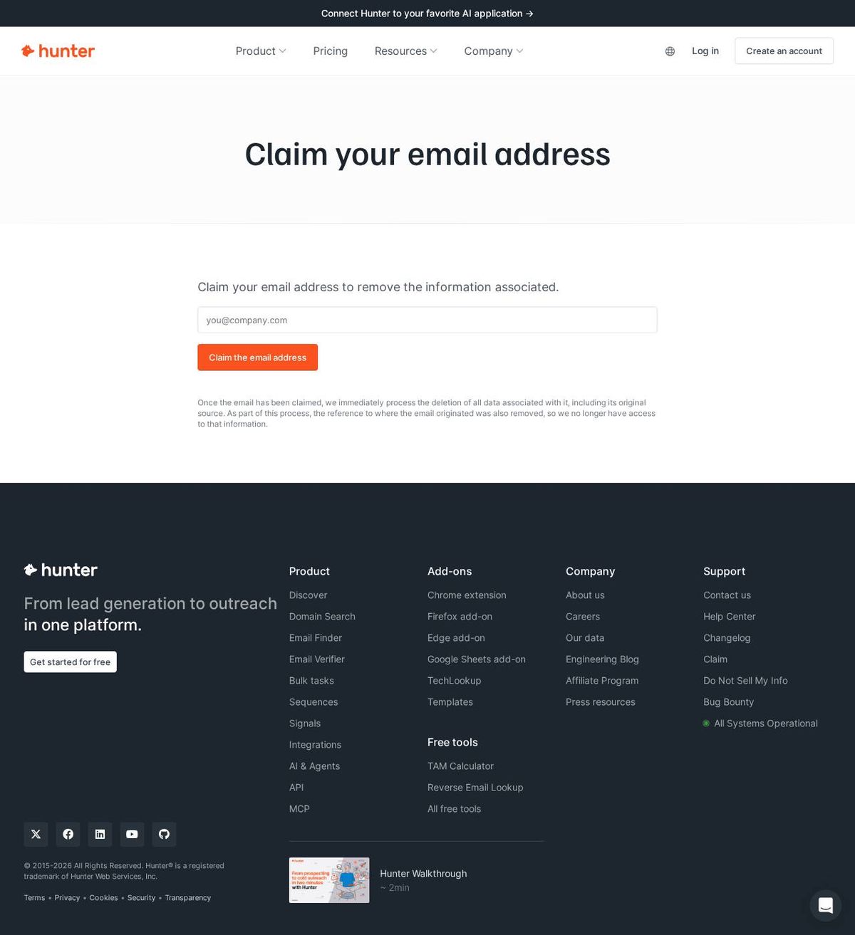Hunter.io's opt-out page, captured 23 Oct 2026