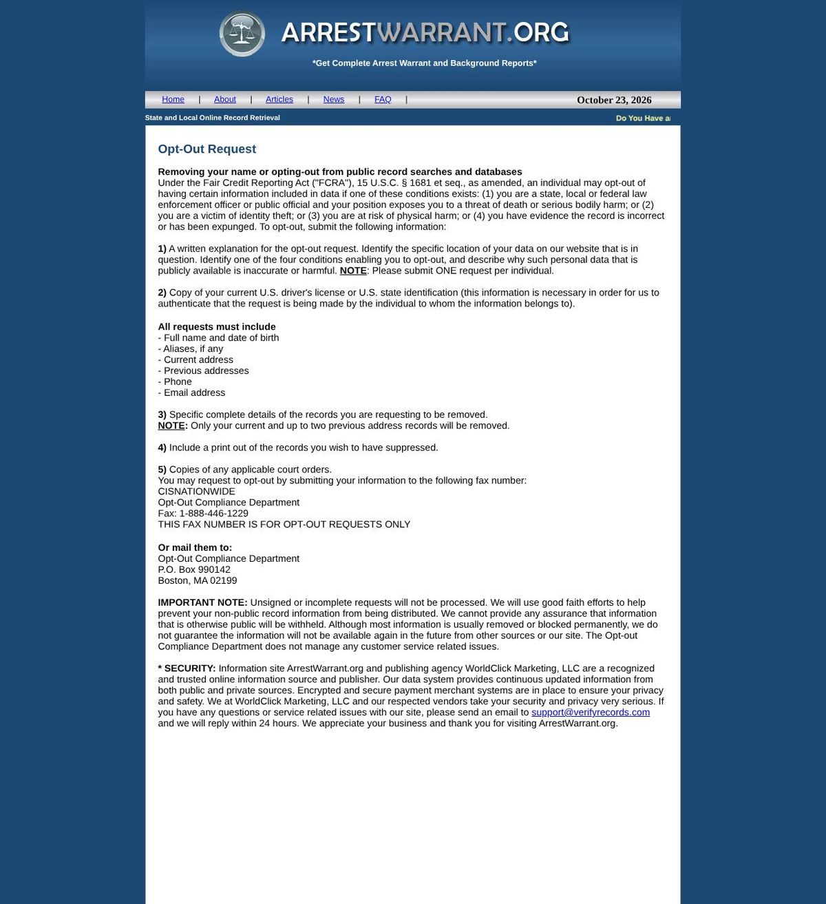 ArrestWarrant.org's opt-out page, captured 23 Oct 2026
