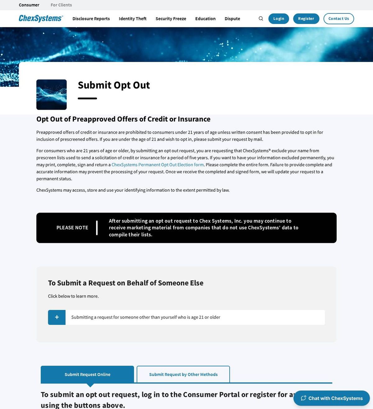 ChexSystems's opt-out page, captured 23 Oct 2026